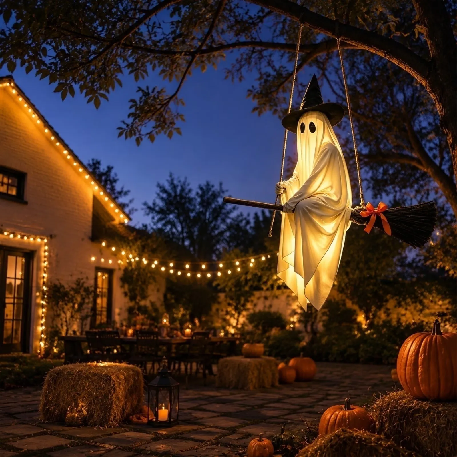2-Pack Light-Up Spooky Ghost Witch Broom Halloween Decorations