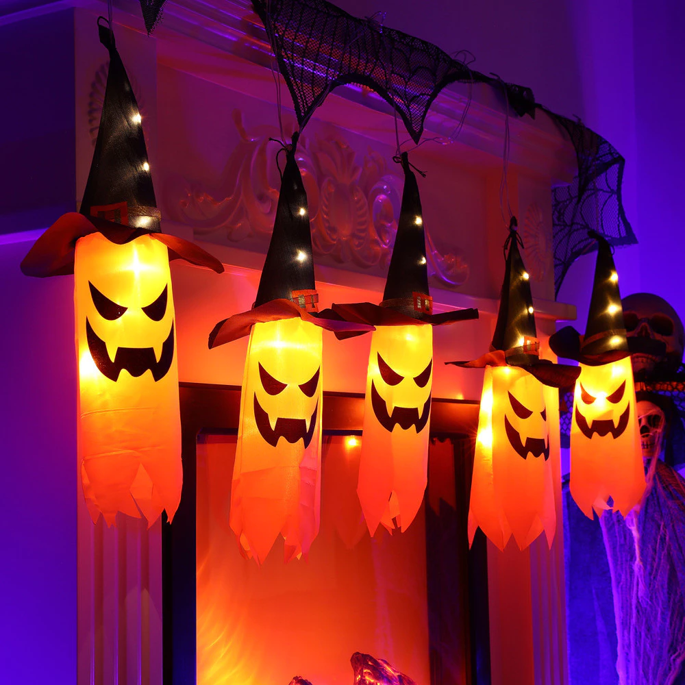 FunouHome Light-Up Halloween Ghosts with Witch Hats 2-Pack