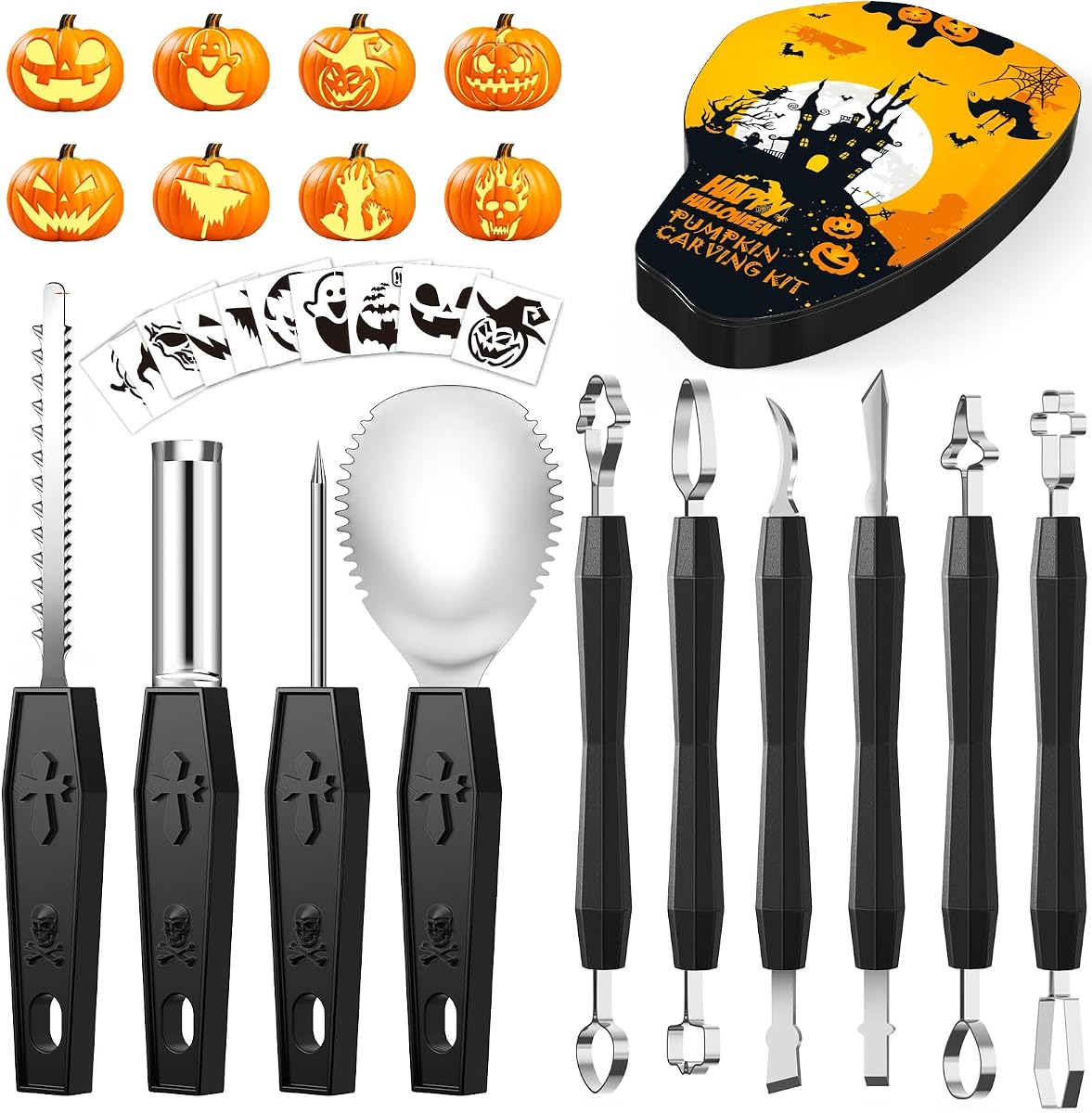 Pumpkin carving tool kit with stainless tools and stencils