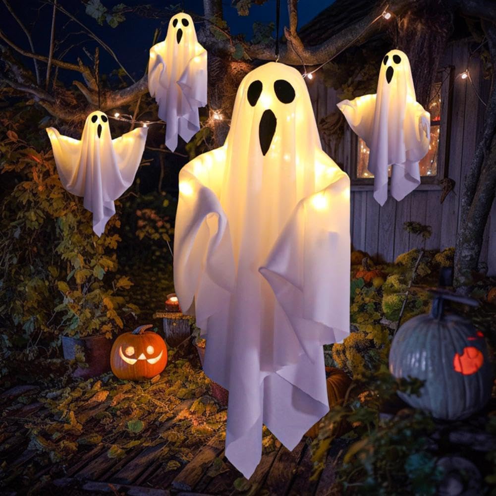 Outdoor Halloween Hanging Ghost Decorations, 3-Pack with LED Lights
