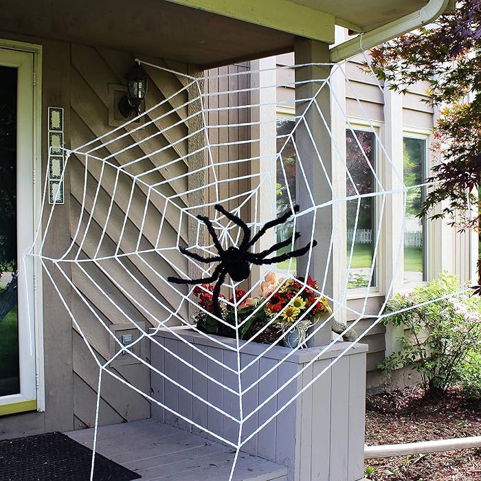 Extra-large white Halloween spider web decoration with spiders